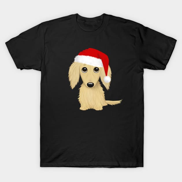 Longhaired Cream Dachshund with Santa Hat Cute Dog Christmas T-Shirt by Coffee Squirrel